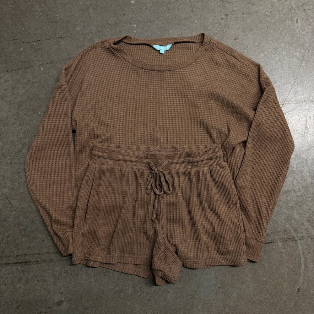 Miss Posh Waffle Knit Lounge Set Brown Long Sleeve Top and Shorts Womens L